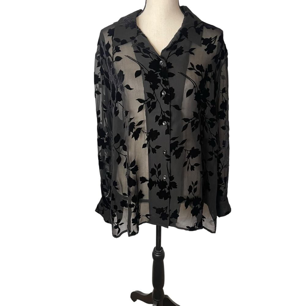 VTG Elisabeth Silk Blend Black Velvet Burnout Floral Sheer Top 2X P Whimsigoth